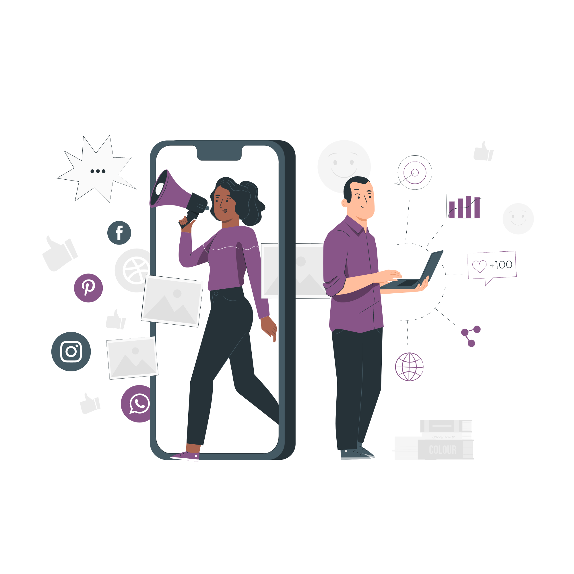Animación de dos profesionales del marketing digital colaborando en una estrategia de redes sociales